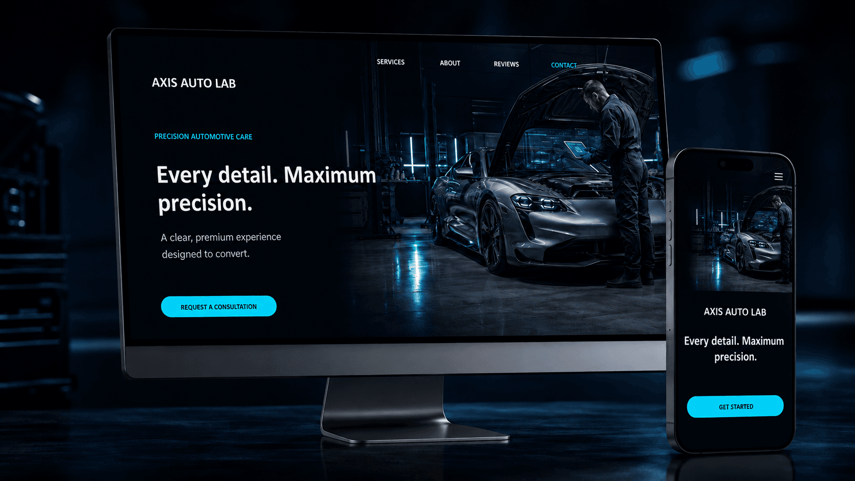Premium Axis Auto Lab website shown on a realistic desktop computer and phone.
