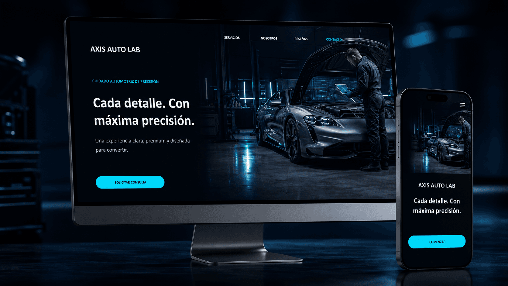Sitio web premium de Axis Auto Lab mostrado en un computador y teléfono realistas.